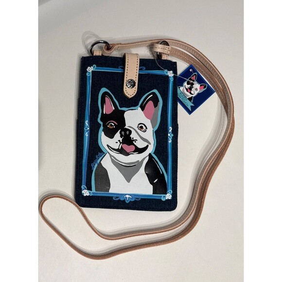 $75 Brighton Denim Crossbody Pouch Bag Boston Terrier Bulldog Phone Bag - Picture 1 of 7